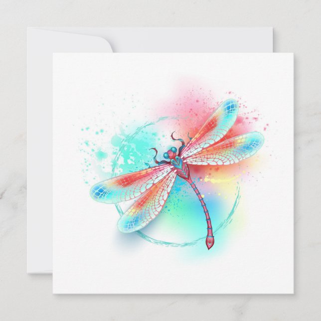 Red dragonfly on watercolor background card (Front)