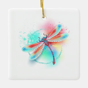 Red dragonfly on watercolor background ceramic ornament