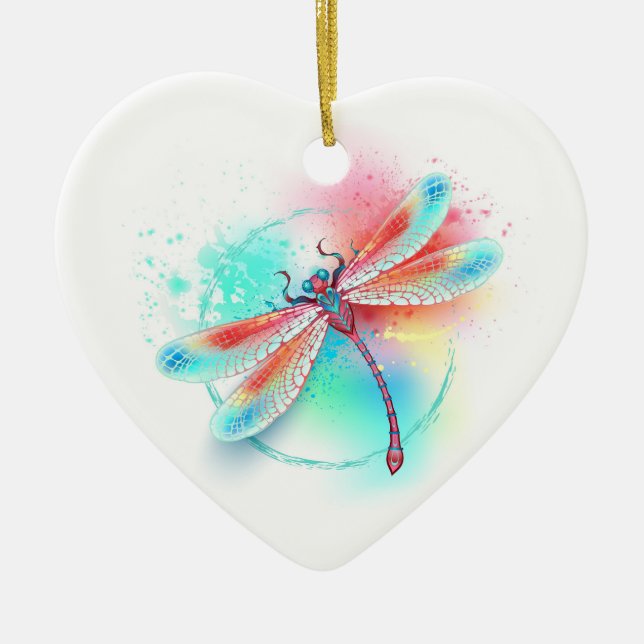 Red dragonfly on watercolor background ceramic ornament (Front)