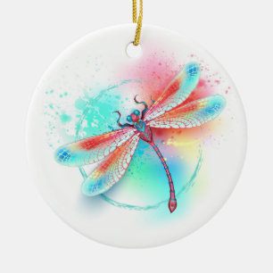 Red dragonfly on watercolor background ceramic ornament