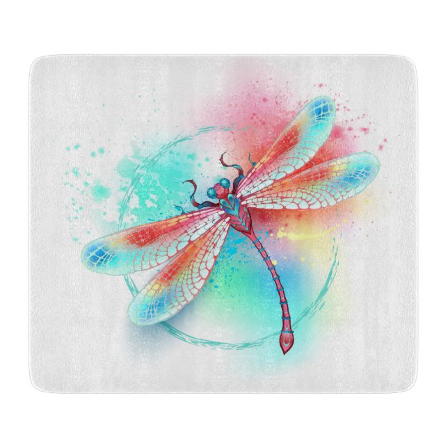 Red dragonfly on watercolor background cutting board (Front)