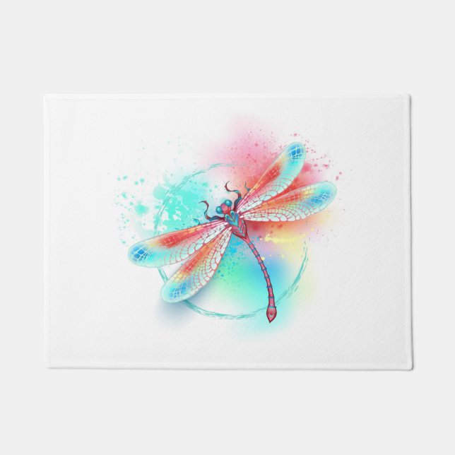 Red dragonfly on watercolor background doormat (Front)