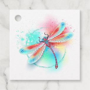 Red dragonfly on watercolor background favour tags