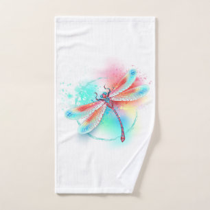 Red dragonfly on watercolor background hand towel