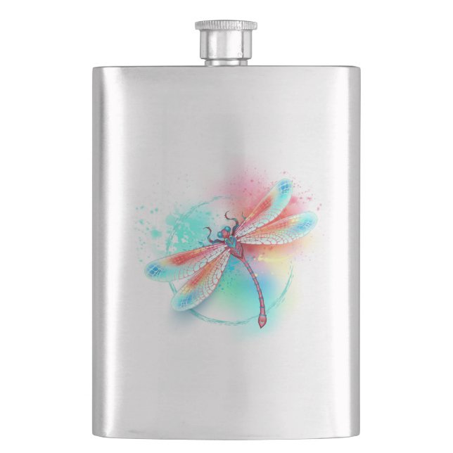 Red dragonfly on watercolor background hip flask (Front)