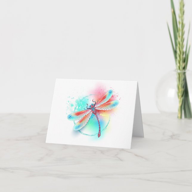 Red dragonfly on watercolor background invitation (Front)
