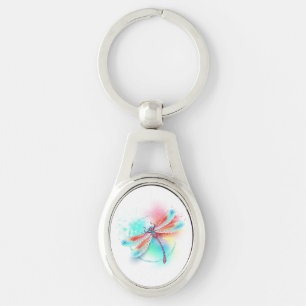 Red dragonfly on watercolor background keychain