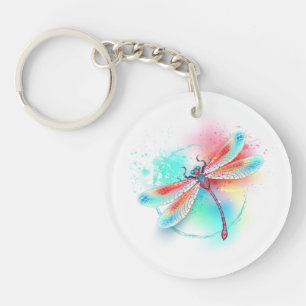 Red dragonfly on watercolor background keychain