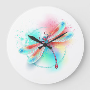 Red dragonfly on watercolor background large clock