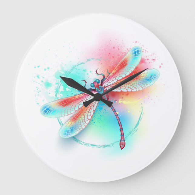 Red dragonfly on watercolor background large clock (Front)