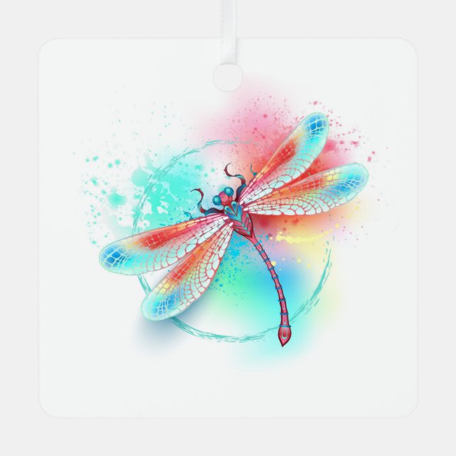 Red dragonfly on watercolor background metal ornament (Front)