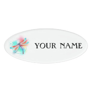 Red dragonfly on watercolor background name tag