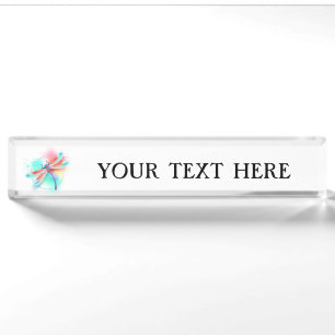 Red dragonfly on watercolor background nameplate