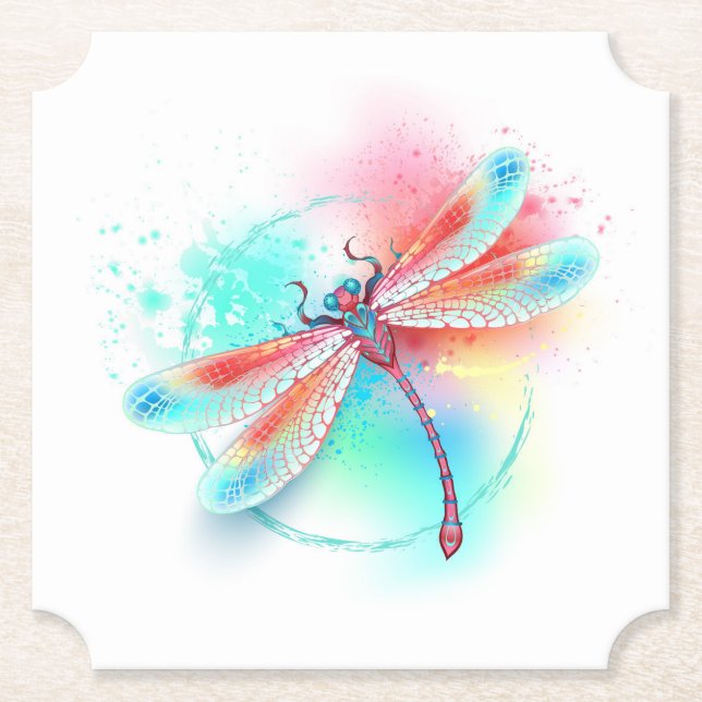 Red dragonfly on watercolor background paper coaster (Front)