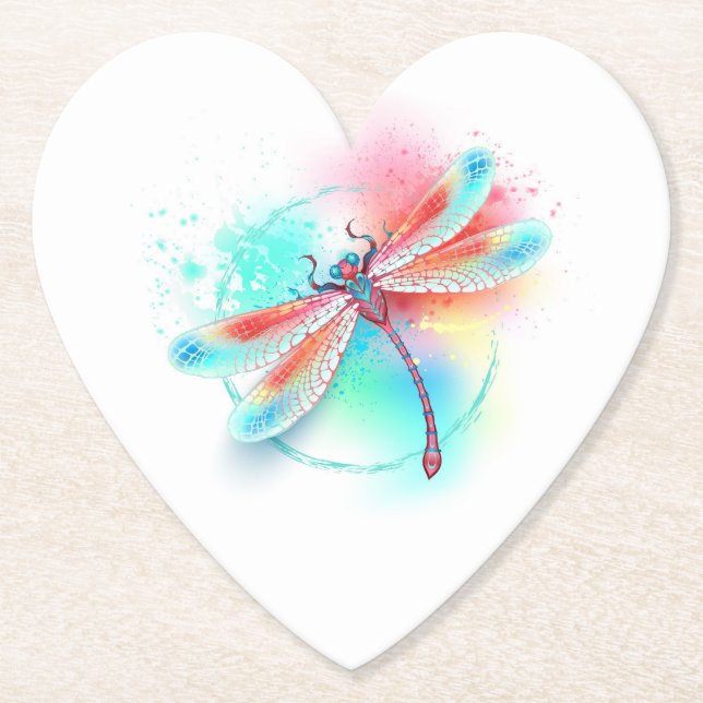 Red dragonfly on watercolor background paper coaster (Front)