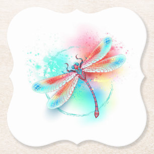 Red dragonfly on watercolor background paper coaster