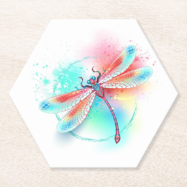 Red dragonfly on watercolor background paper coaster (Front)