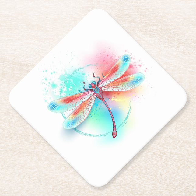 Red dragonfly on watercolor background paper coaster (Front)