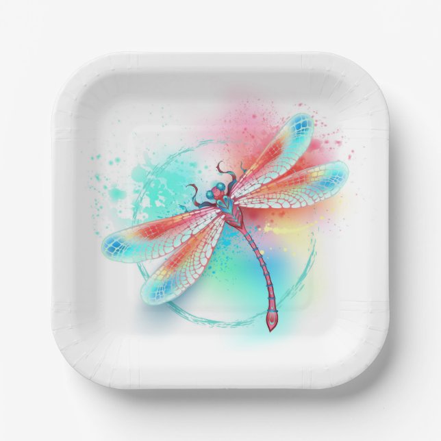 Red dragonfly on watercolor background paper plate (Front)