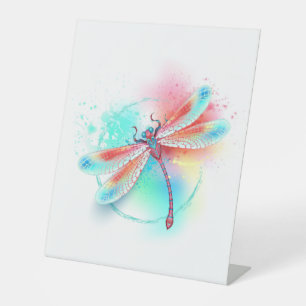 Red dragonfly on watercolor background pedestal sign
