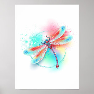 Red dragonfly on watercolor background poster