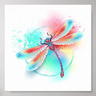 Red dragonfly on watercolor background poster