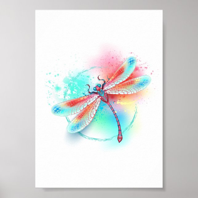 Red dragonfly on watercolor background poster (Front)
