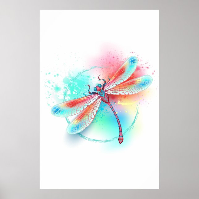 Red dragonfly on watercolor background poster (Front)