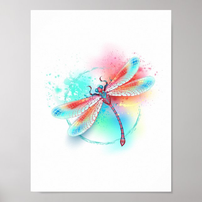 Red dragonfly on watercolor background poster (Front)