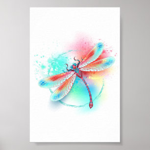 Red dragonfly on watercolor background poster