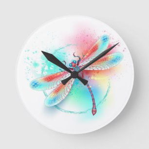 Red dragonfly on watercolor background round clock