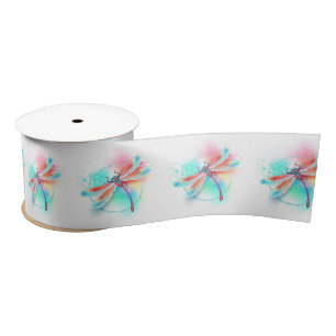 Red dragonfly on watercolor background satin ribbon
