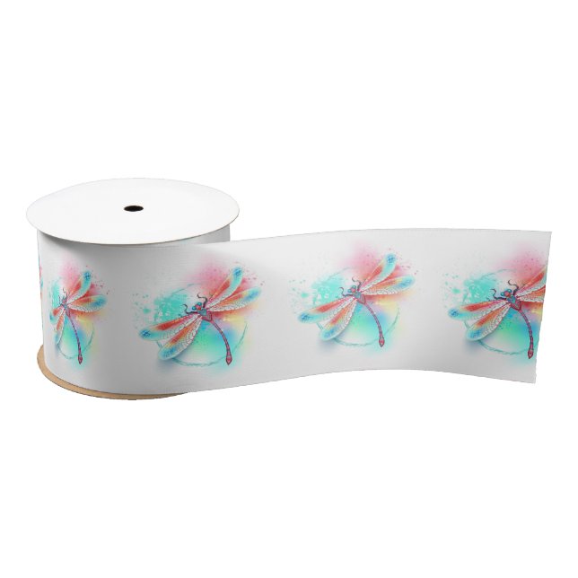Red dragonfly on watercolor background satin ribbon (Spool)