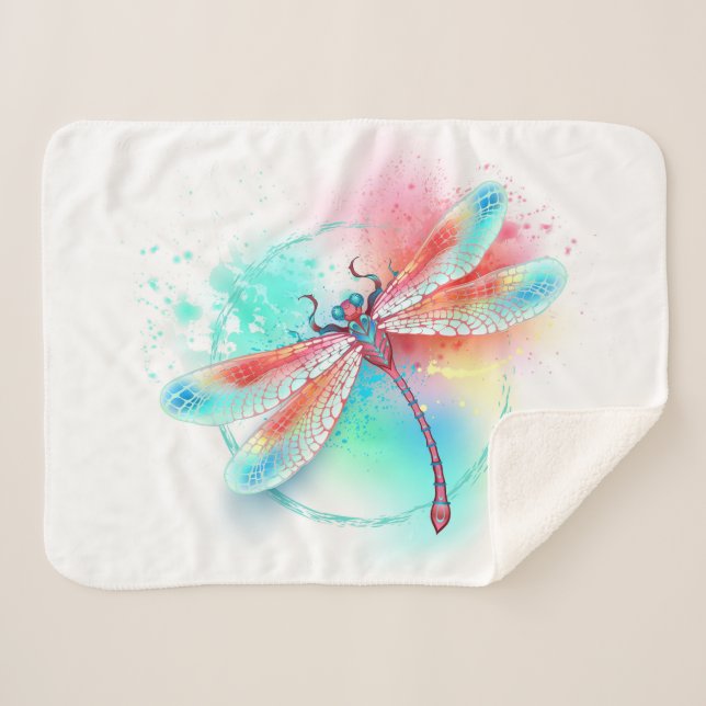 Red dragonfly on watercolor background sherpa blanket (Front (Horizontal))
