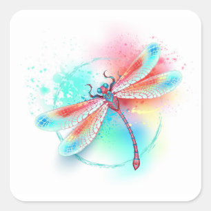 Red dragonfly on watercolor background square sticker