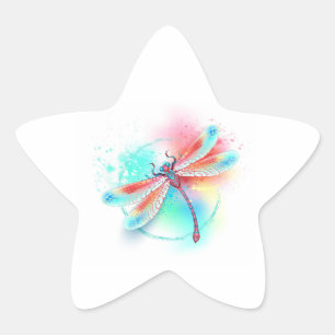 Red dragonfly on watercolor background star sticker