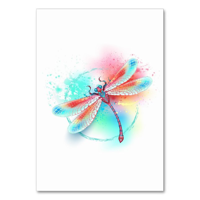 Red dragonfly on watercolor background table number (Front)