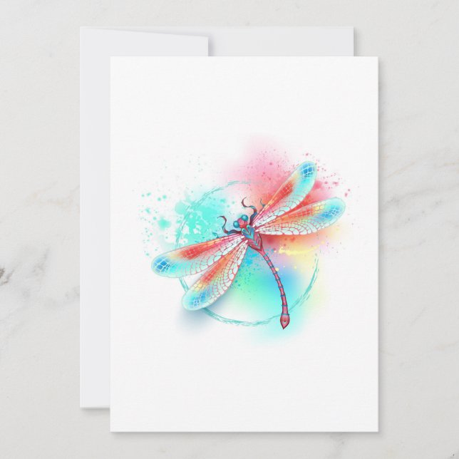 Red dragonfly on watercolor background thank you card (Front)