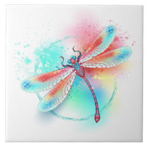 Red dragonfly on watercolor background tile
