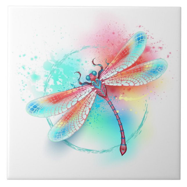 Red dragonfly on watercolor background tile (Front)