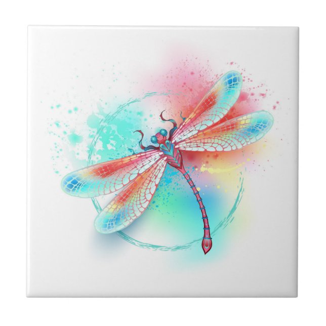 Red dragonfly on watercolor background tile (Front)