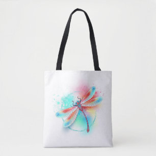 Red dragonfly on watercolor background tote bag