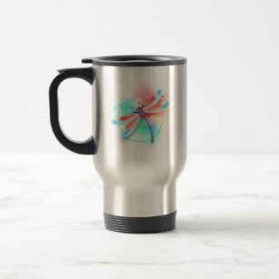 Red dragonfly on watercolor background travel mug