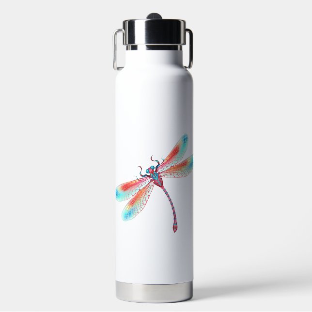 Red dragonfly on watercolor background water bottle (Front)