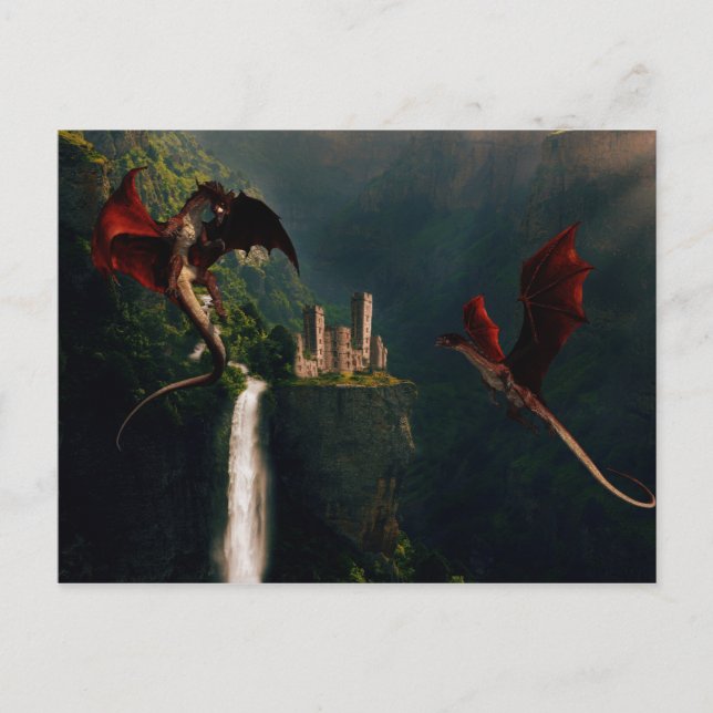 Red Dragons Castle Fantasy Landscape Postcard (Front)