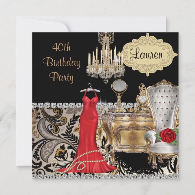 RED DRESS 40TH BIRTHDAY VINTAGE BLING  Invitation (Front)