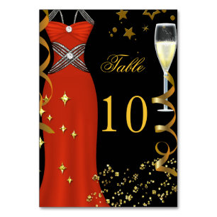 Red Dress Black Gold Table Number Card