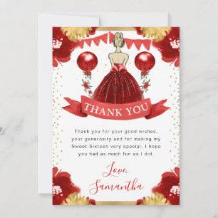 Red Dress Blonde Haired Princess Sweet 16 Thank You Card