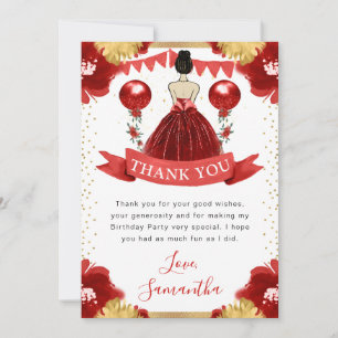 Red Dress Brunette Haired Princess Birthday Thank You Card