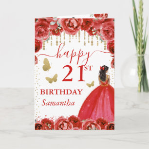 Red Dress Dark Skin Princess Birthday Card